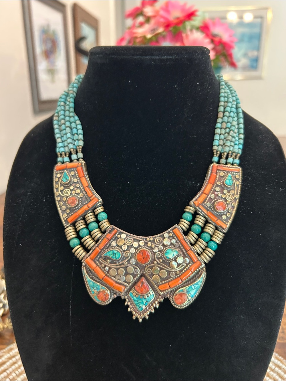 Tibetan Silver Statement Necklace with Natural Stones